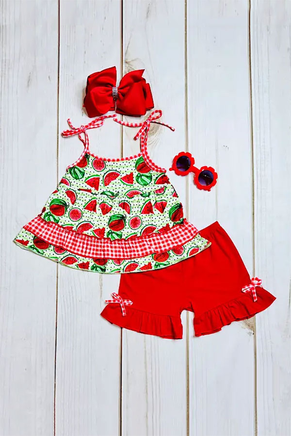 Green & red watermelon 2pc ruffle girls set XCH0666-3H
