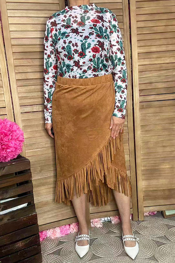 Plus size tan suede fringe tassel women skirt XCH13467S