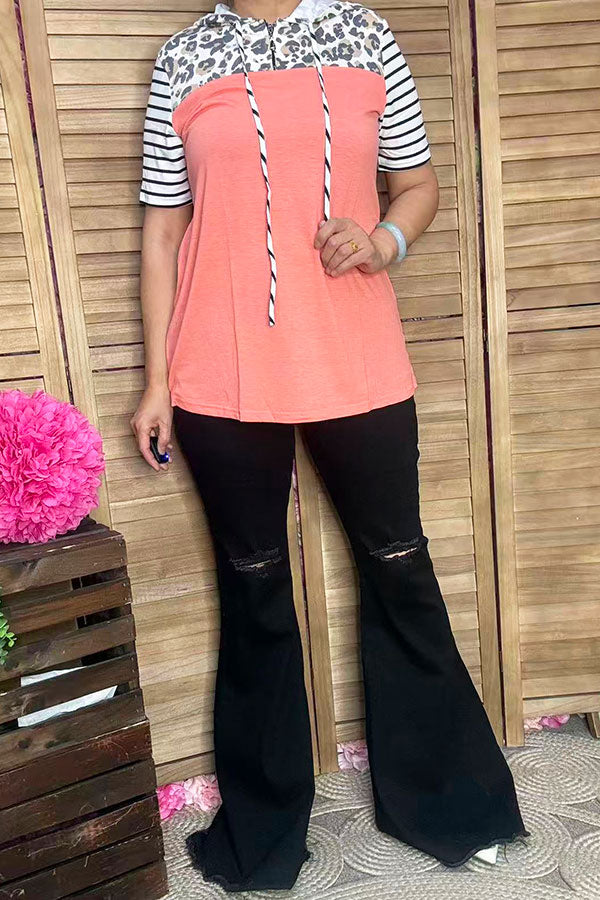 GJQ9320-4 Leopard & stripe print & peach short sleeve hooded women top