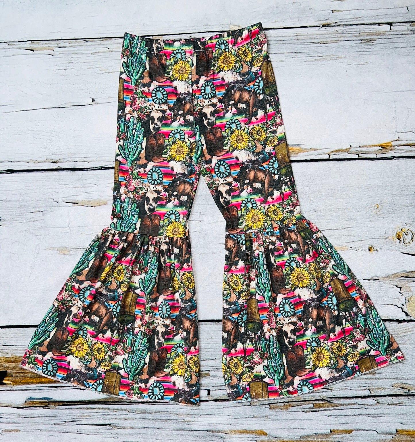 Western aqua cow w/roses mulricolor 2pc long sleeve set DLH1108-18