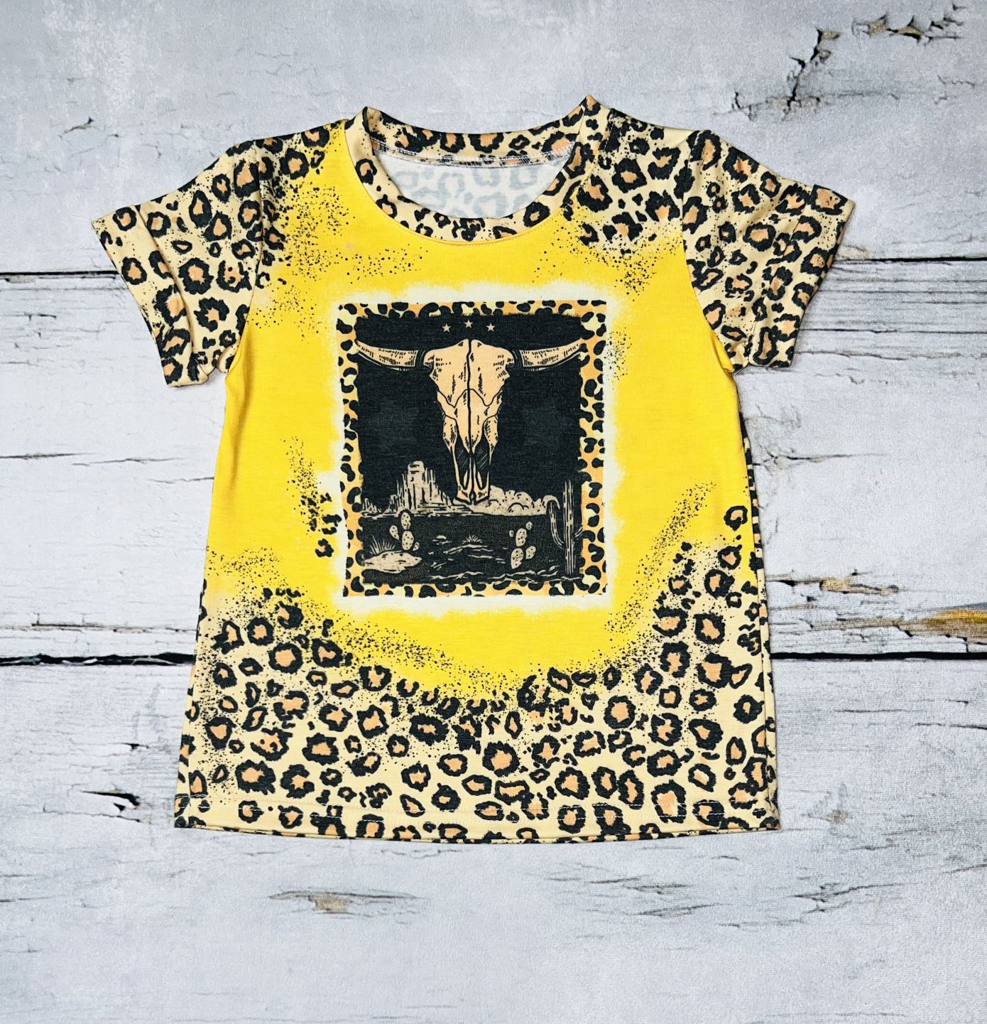 Yellow & leopard cow skull on desert short sleeve t-shirt DLH1108-10