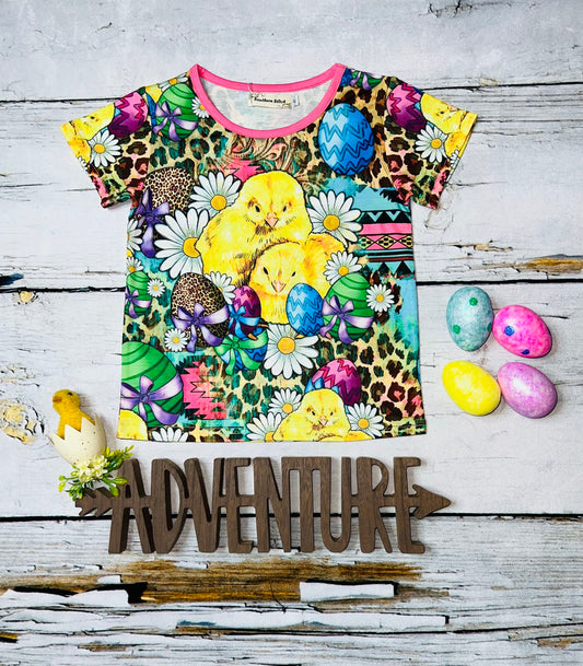 Chicks w/multicolor Easter eggs & daisy's short sleeve t-shirt XCH0660-5H