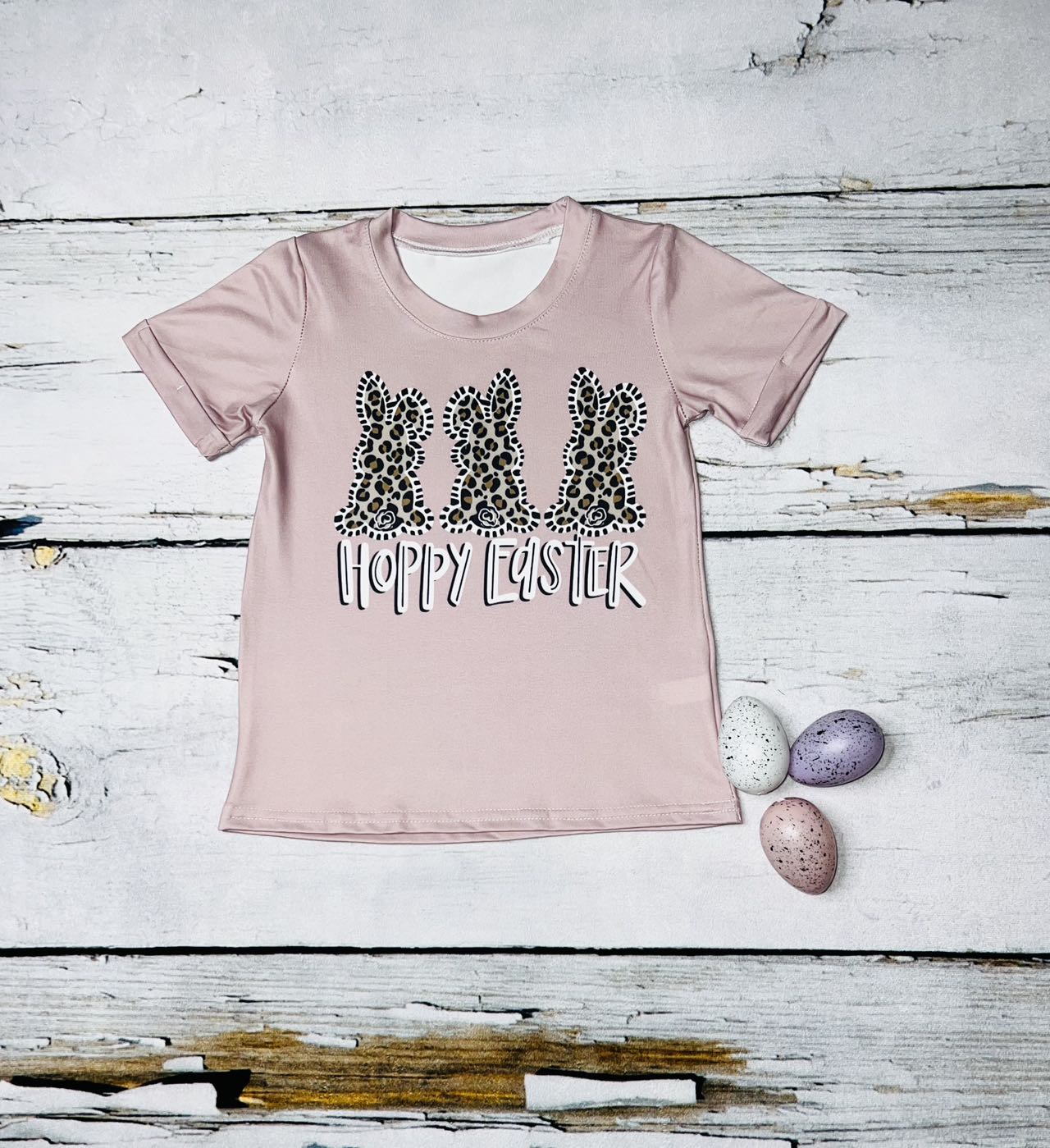 "Happy Easter" leopard bunnies short sleeve shirt DLH1215-35