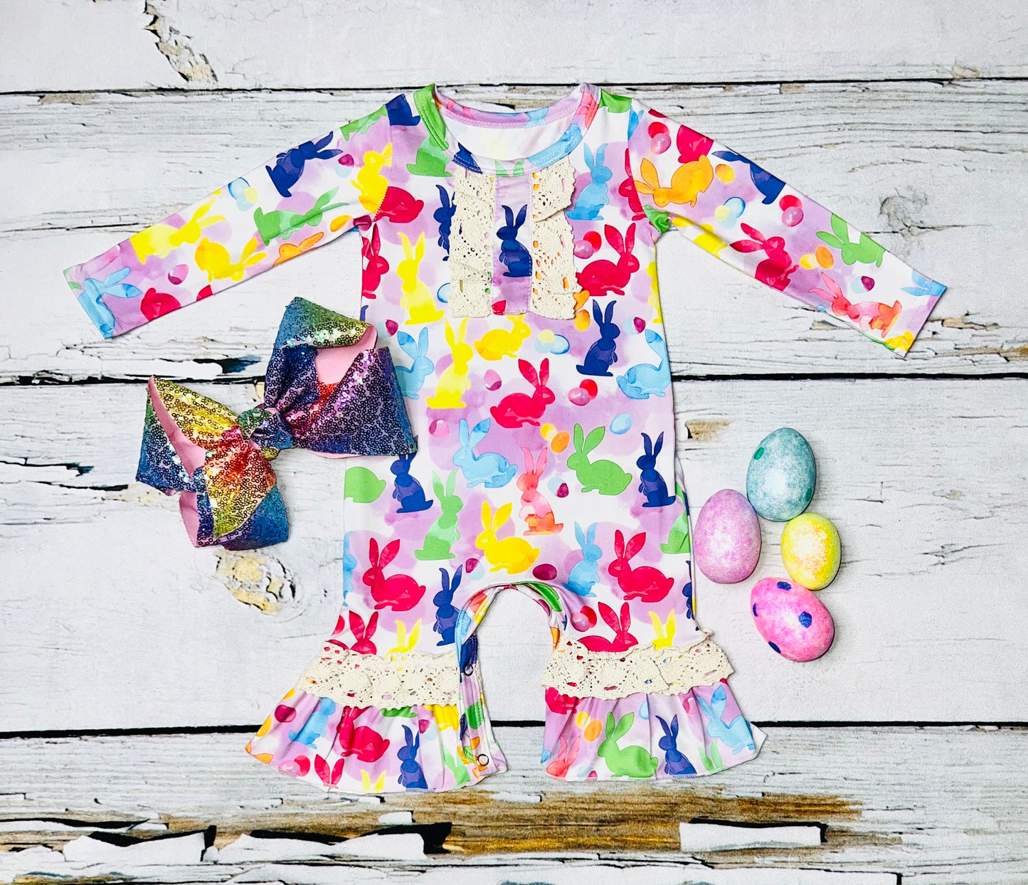 Multicolor bunnies lace ruffle baby romper DLH1121-3
