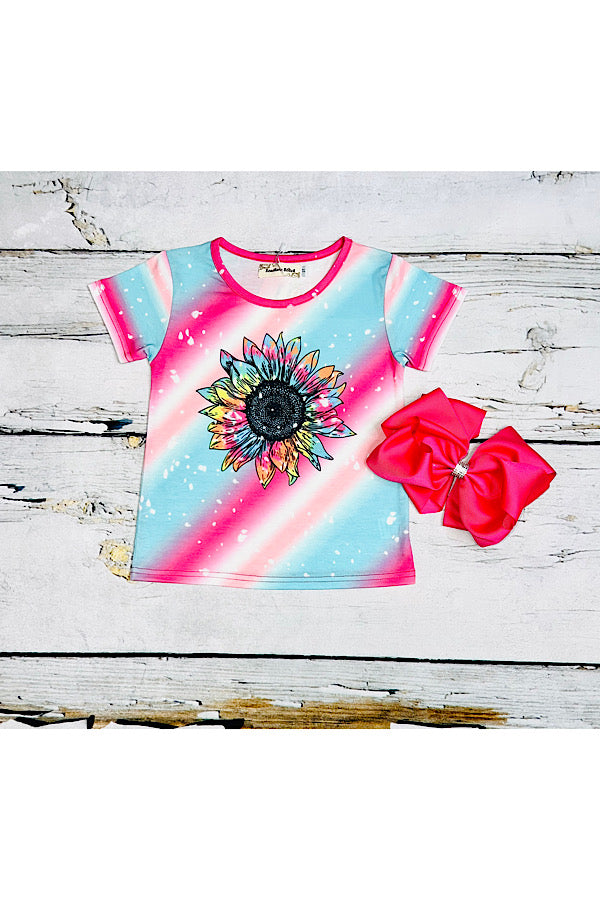 Multicolor stripped w/sunflower short sleeve top