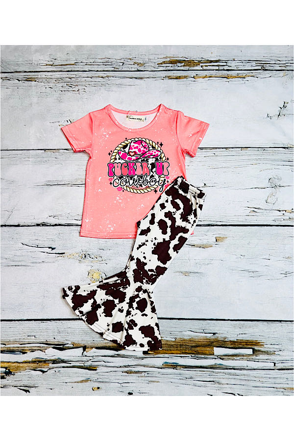 "PUCKER UP COWBOY" peach & cowhide 2pc short sleeve set