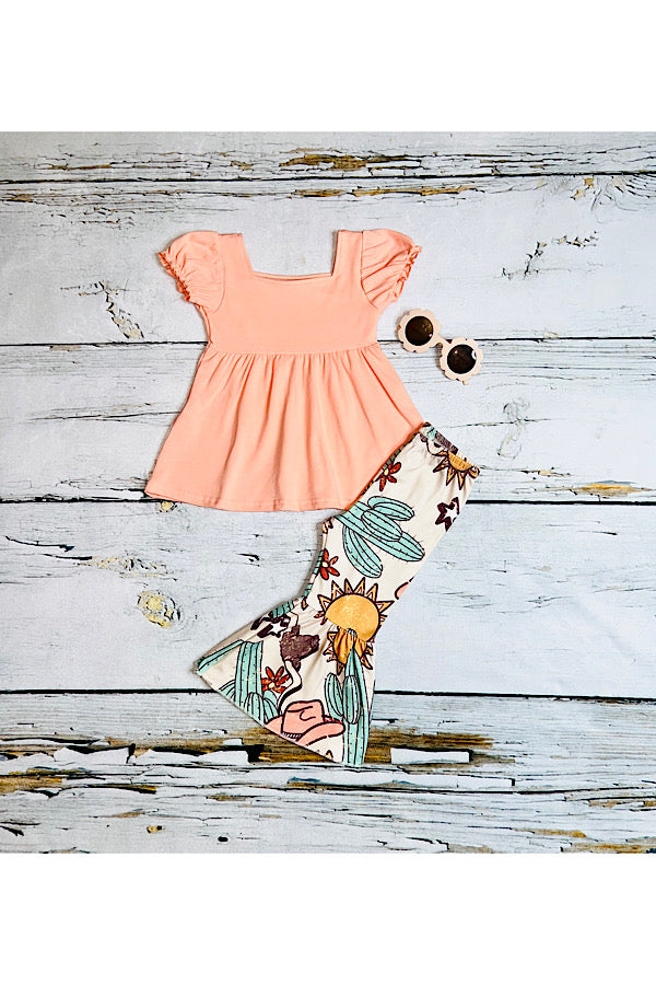 Light peach top & western print bell bottoms 2pc set