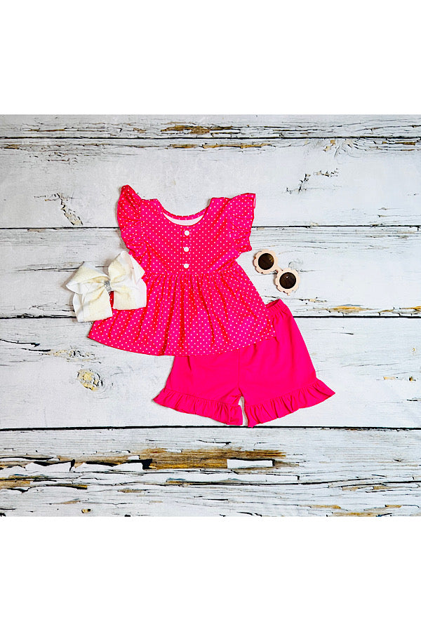 Hot pink w/white polka dots 2pc short sleeve ruffle set