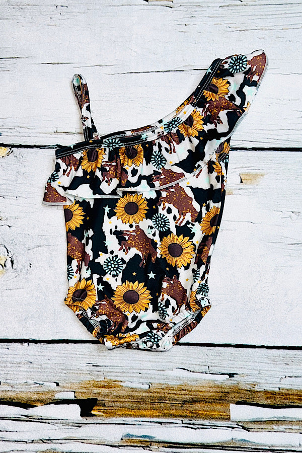 Cow, sunflower, cowboy, & jewel print girl's swimsuit