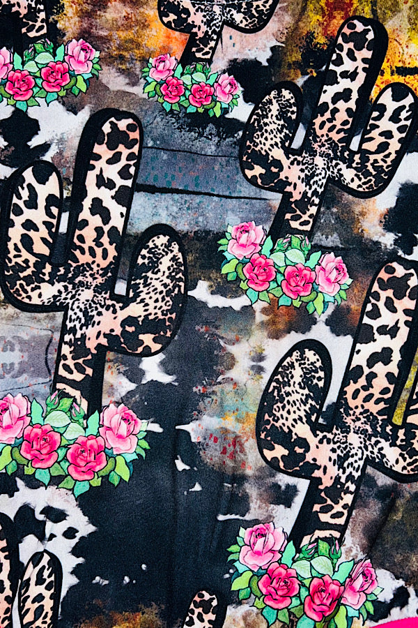 Leopard print cactus w/pink roses & black fringe baby romper