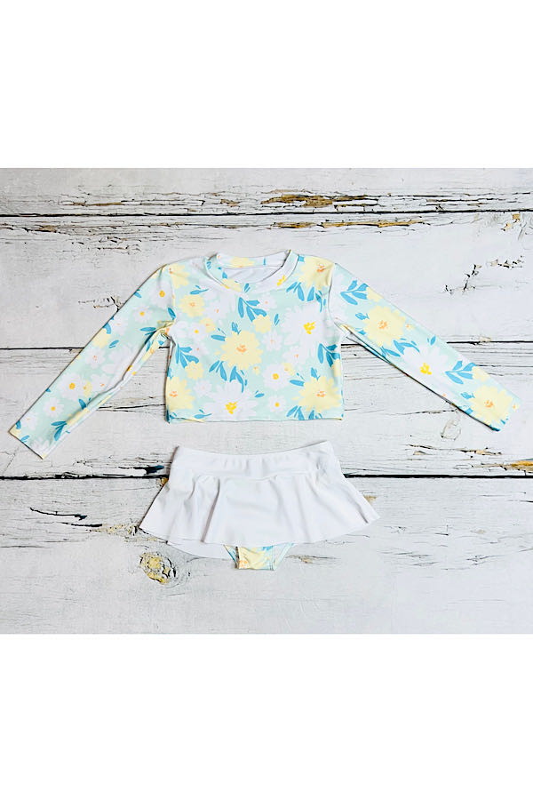 White & baby blue floral 2pc long sleeve swimsuit DLH2332