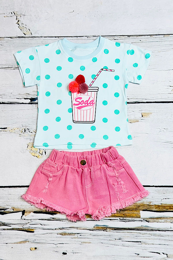 "SODA" pompom top w/pink denim shorts 2pc set DLH2341