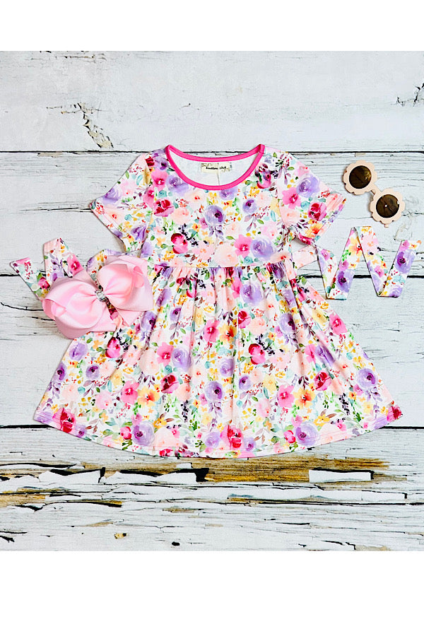 Pink & purple floral swirl short sleeve dress XCV0888-3H