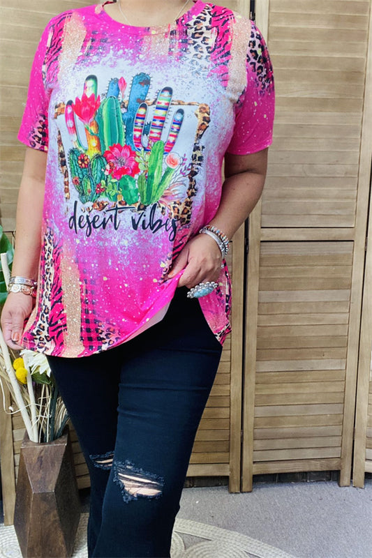 XCH12443 DESERT VIBES pink cactus printed short sleeve top