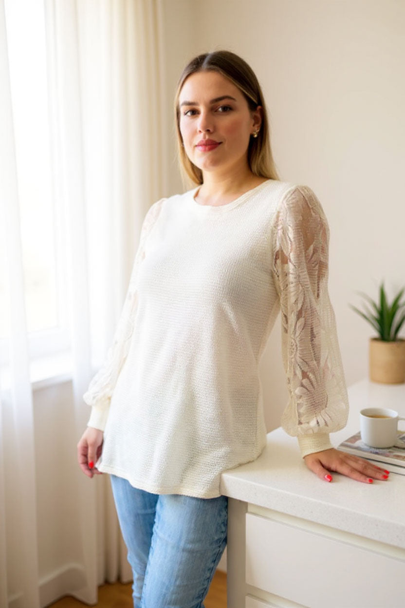 Cream knit fabric lace long sleeve women blouse XCH16402