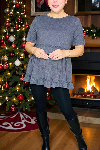 Solid color gery short sleeve women top w/ruffle bottom BQ15554