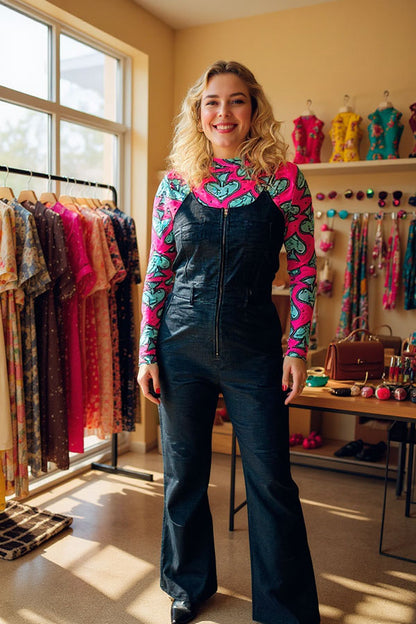 Fuchsia turquoise poker printed mesh sheer long sleeve women top XCH16359