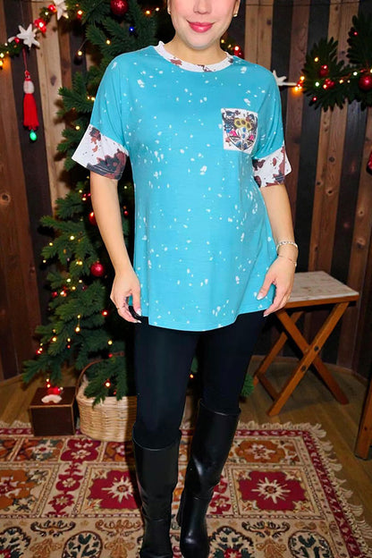 XCH13014 Blue splash bull skull cow printed short sleeve women top