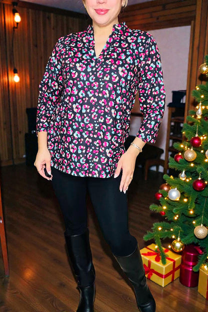 BQ15686 Colorful leopard printed V-neckline 3/4 sleeve women tops