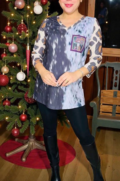 Black white tie dye with leopard 3/4 sleeve & bull printed women top XCH14766