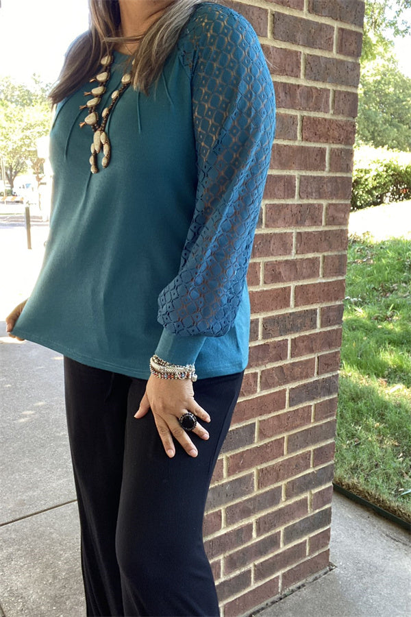 XCH15449 Turquoise solid color long sleeve/lace raglan design women tops