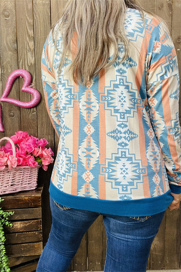 GJQ10223 Solid blue neckline/cuff/hem &Aztec multi color printed long sleeve women top(AS5)