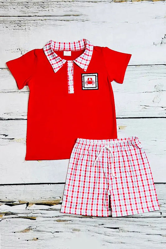 Boy clothing set wholesale Embroidered crab red top & plaid short sets 1106WY