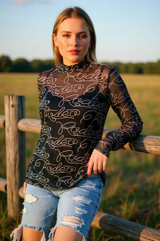 RODEO printed black mesh long sleeve women top XCH16565