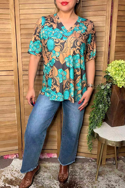 Western turquoise & brown flower jewels women's boutique top Southern Stitch GJ017512