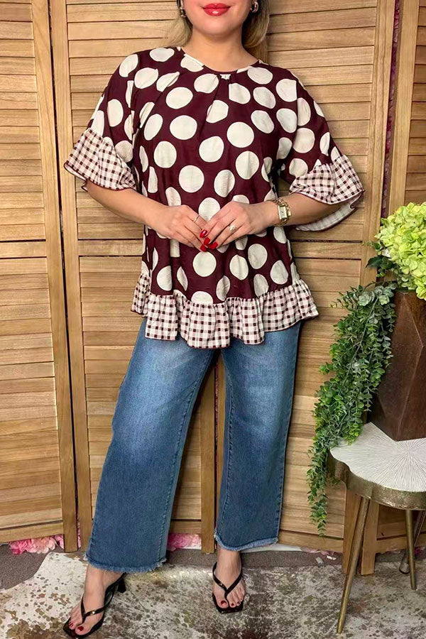 Chic brown dots & checkered women's boutique top Southern Stitch GJQ17422