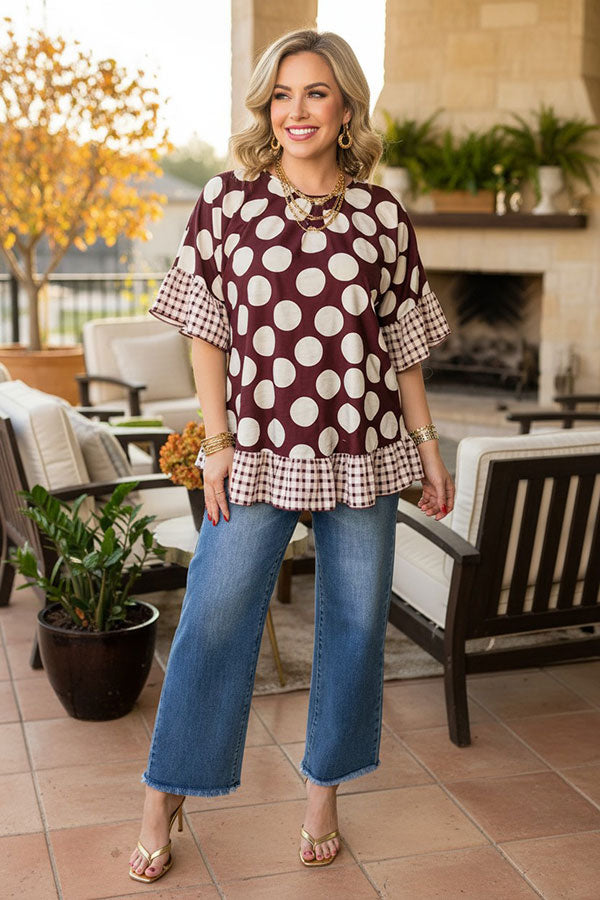 Chic brown dots & checkered women's boutique top Southern Stitch GJQ17422