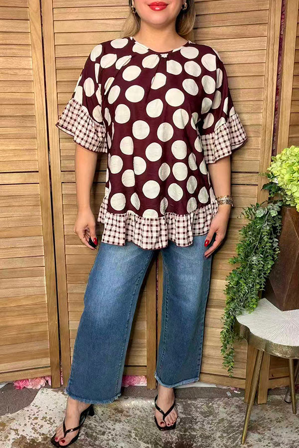 Chic brown dots & checkered women's boutique top Southern Stitch GJQ17422