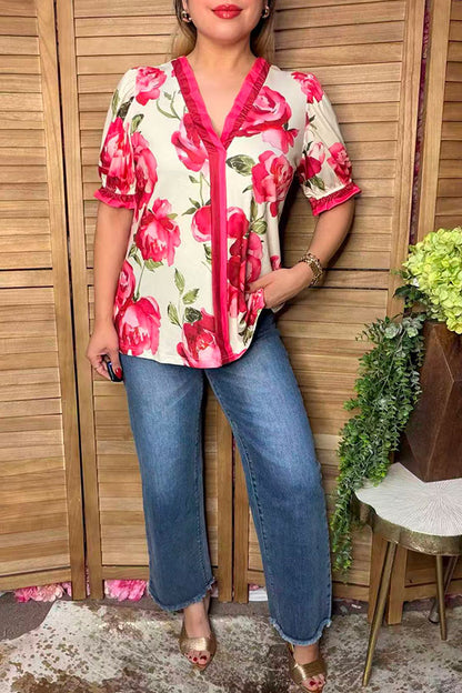 Trendy floral print short sleeve women's boutique top Southern Stitch GJQ17388
