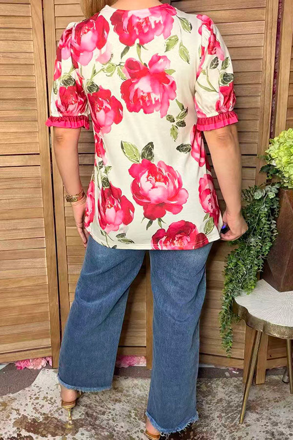Trendy floral print short sleeve women's boutique top Southern Stitch GJQ17388