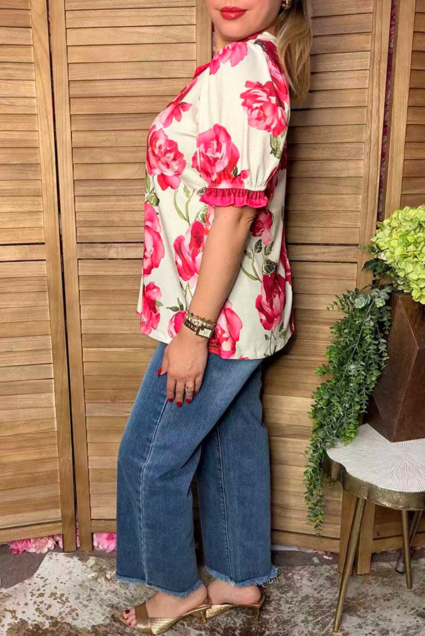 Trendy floral print short sleeve women's boutique top Southern Stitch GJQ17388