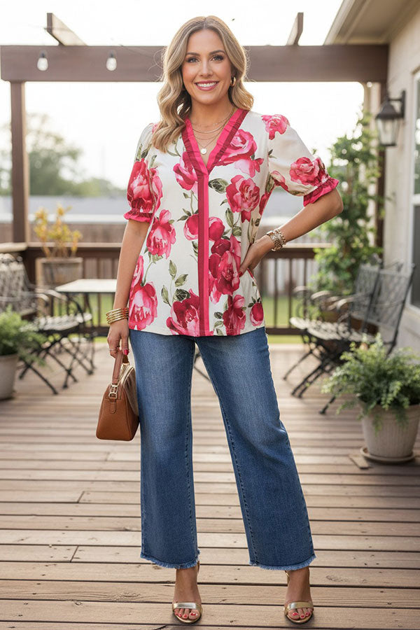 Trendy floral print short sleeve women's boutique top Southern Stitch GJQ17388