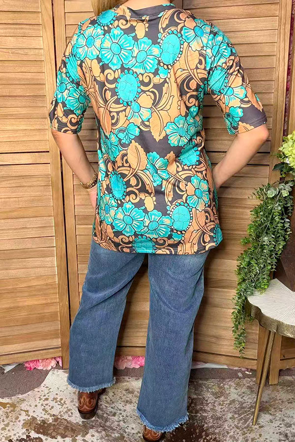 Western turquoise & brown flower jewels women's boutique top Southern Stitch GJ017512