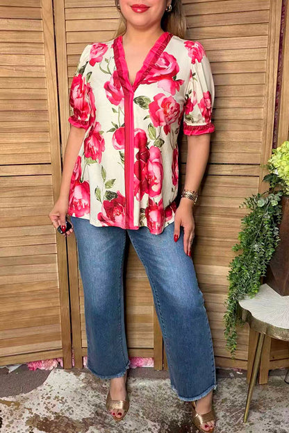 Trendy floral print short sleeve women's boutique top Southern Stitch GJQ17388
