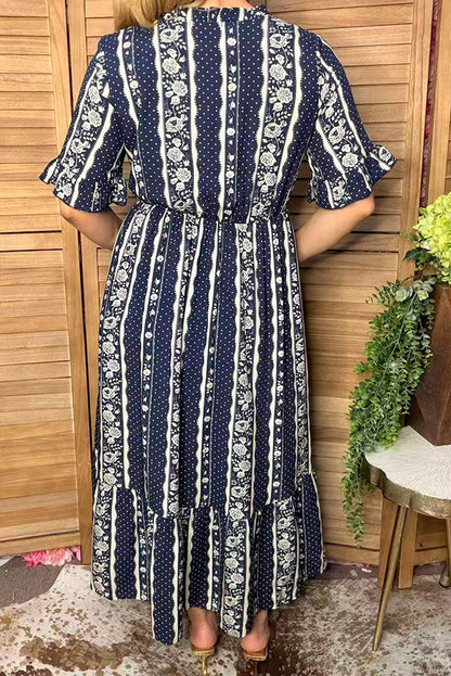 Western polka dots & floral navy maxi women's boutique dress Southern Stitch GJQ17101