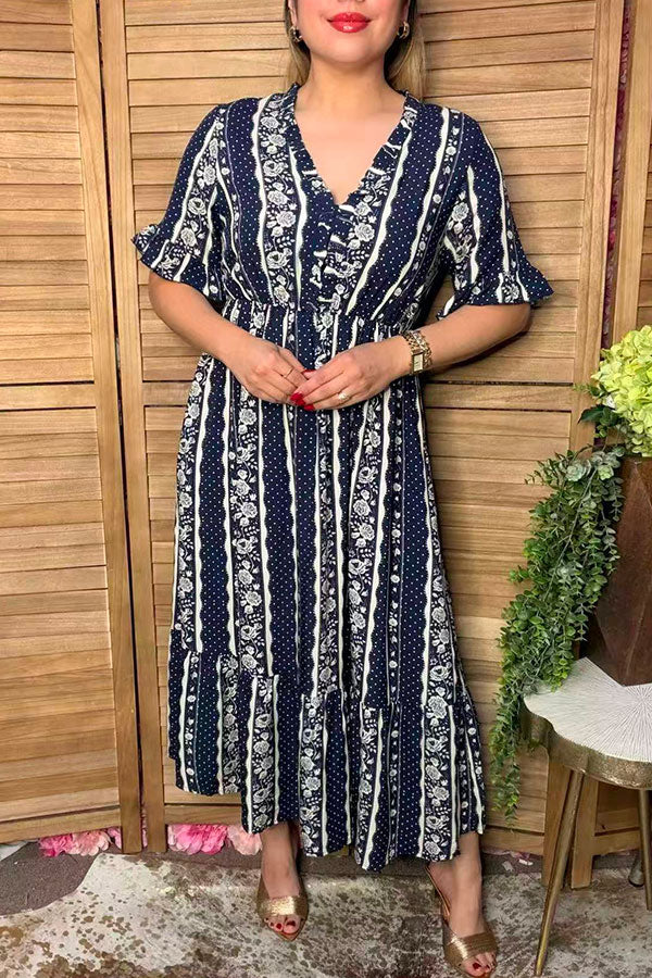 Western polka dots & floral navy maxi women's boutique dress Southern Stitch GJQ17101