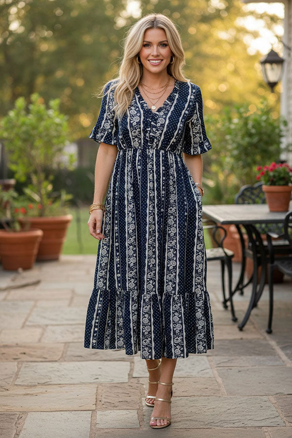 Western polka dots & floral navy maxi women's boutique dress Southern Stitch GJQ17101