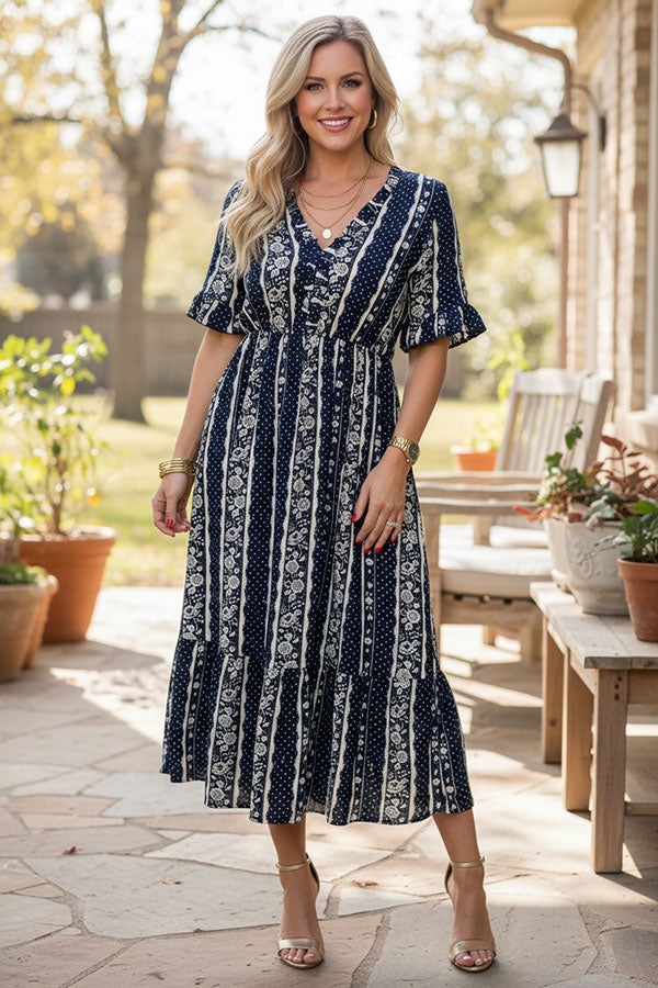 Western polka dots & floral navy maxi women's boutique dress Southern Stitch GJQ17101