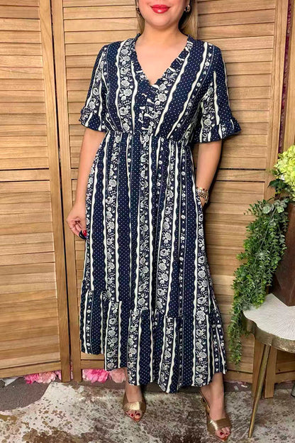 Western polka dots & floral navy maxi women's boutique dress Southern Stitch GJQ17101