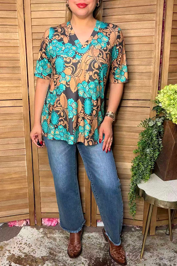 Western turquoise & brown flower jewels women's boutique top Southern Stitch GJ017512