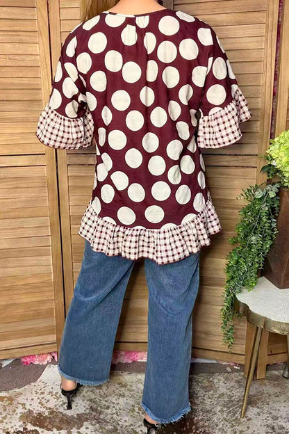 Chic brown dots & checkered women's boutique top Southern Stitch GJQ17422