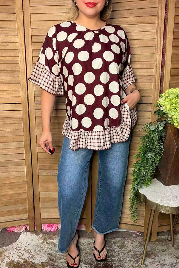 Chic brown dots & checkered women's boutique top Southern Stitch GJQ17422