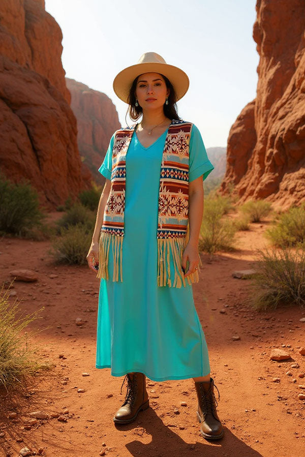 Western women vest suppliers Aztec printed suede fabric w/fringes GJQ14610