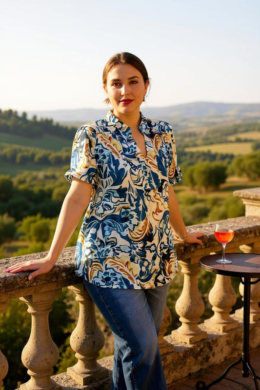 Yellow & Blue floral printed puff short sleeve women blouse w/v-neckline GJQ16301