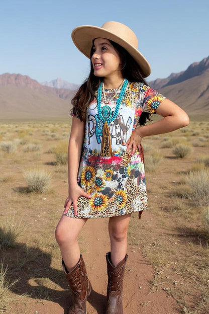 Western PRAY leopard short sleeve girls botuique dress w/fringe tassels DLH2304