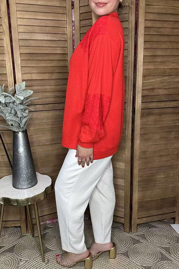 Red knit fabric lace patch long sleeve women blouse w/criss cross neckline BQ15976